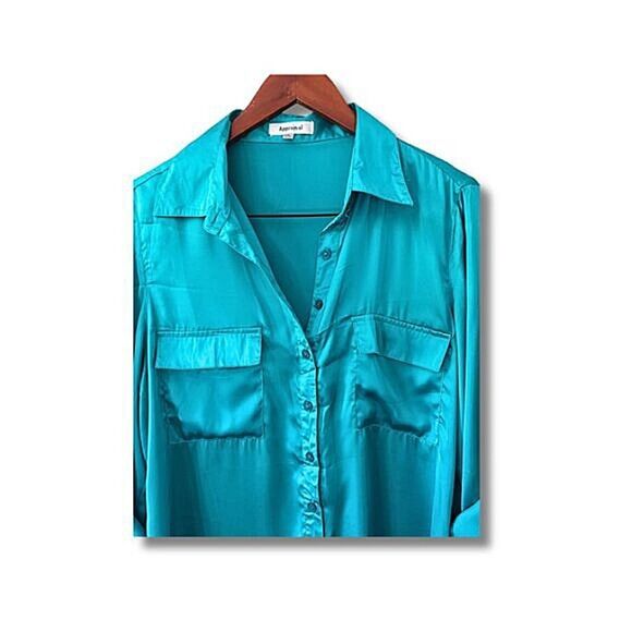 Appraisal Women Button Down Blouse Turquoise Size L with Front Pockets - Picture 4 of 13